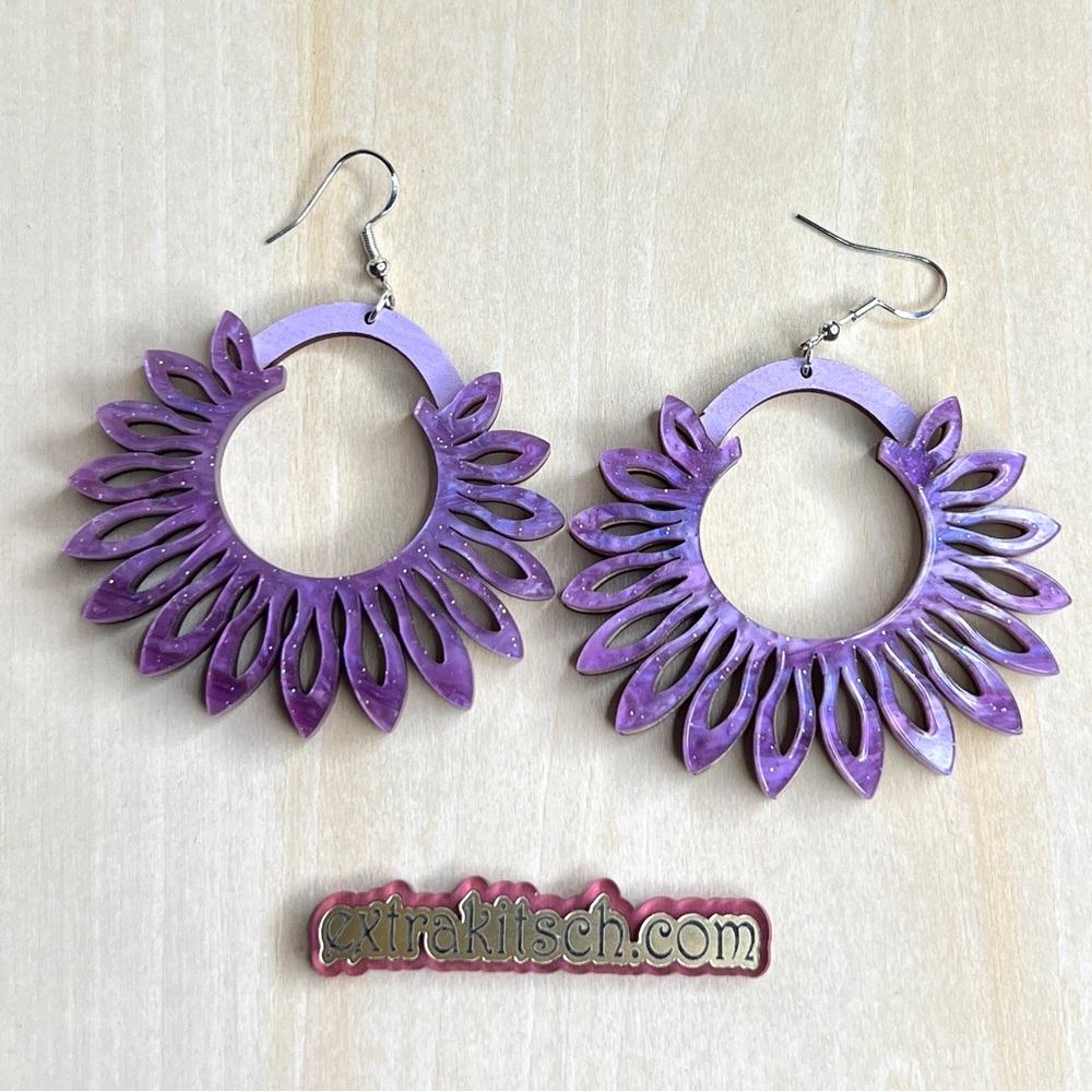 Purple Flower Petal Acrylic and Wood Hoop Earrings